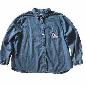 VTG CJ BANKS Denim Shirt L/S Plus 2X Blue Jean Button Up Snowman Winter Holiday